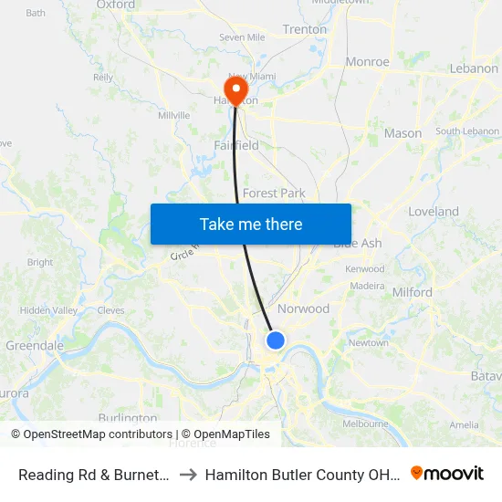 Reading Rd & Burnet Ave to Hamilton Butler County OH USA map