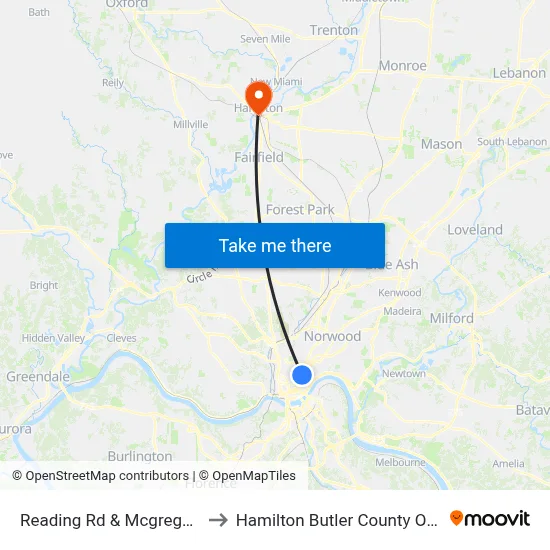 Reading Rd & Mcgregor Ave to Hamilton Butler County OH USA map