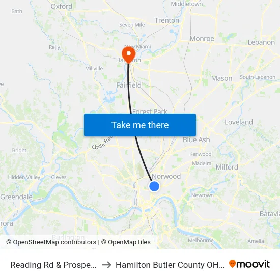 Reading Rd & Prospect Pl to Hamilton Butler County OH USA map