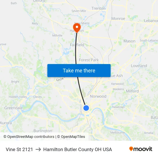 Vine St 2121 to Hamilton Butler County OH USA map