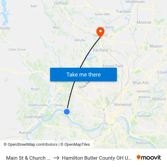 Main St & Church St to Hamilton Butler County OH USA map