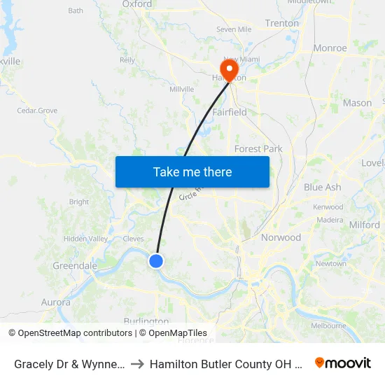 Gracely Dr & Wynne Pl to Hamilton Butler County OH USA map