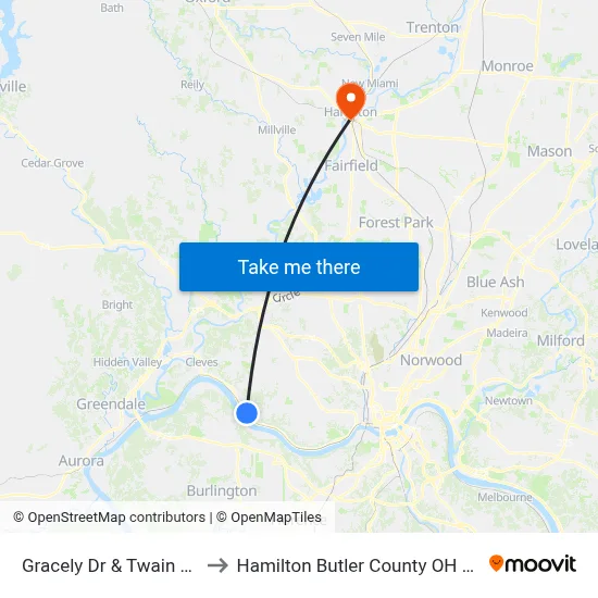 Gracely Dr & Twain Ave to Hamilton Butler County OH USA map