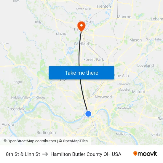 8th St & Linn St to Hamilton Butler County OH USA map