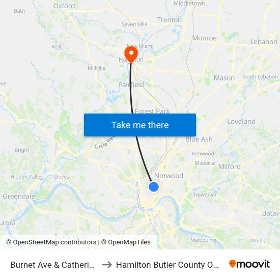 Burnet Ave & Catherine St to Hamilton Butler County OH USA map
