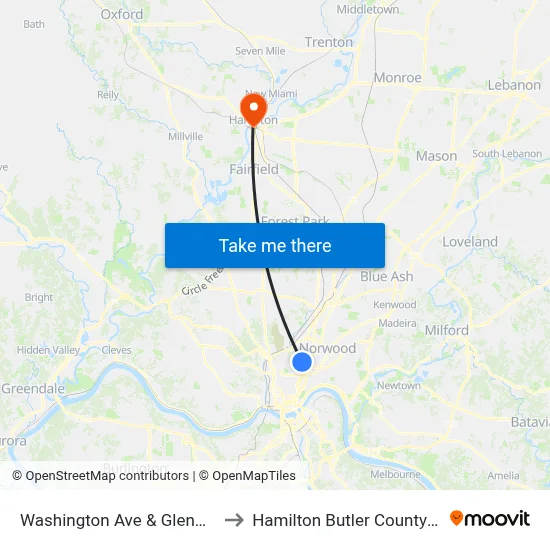 Washington Ave & Glenwood Ave to Hamilton Butler County OH USA map