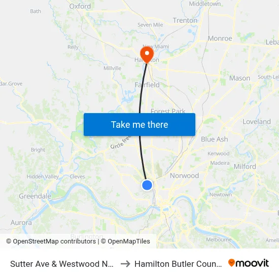 Sutter Ave & Westwood Northern Blvd to Hamilton Butler County OH USA map