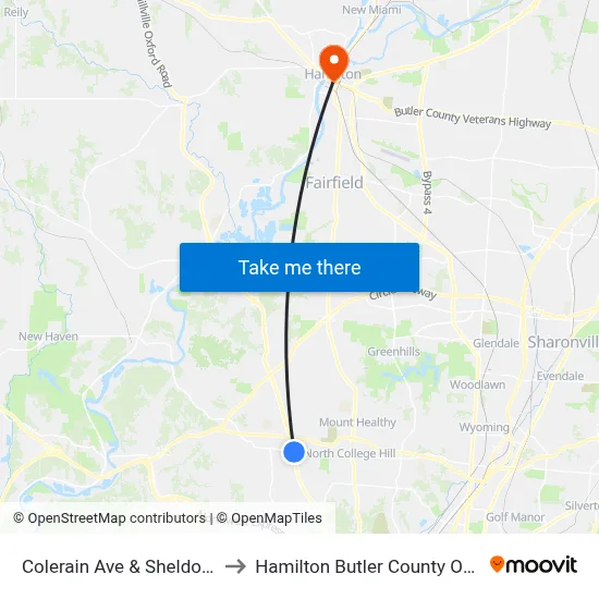 Colerain Ave & Sheldon Ave to Hamilton Butler County OH USA map