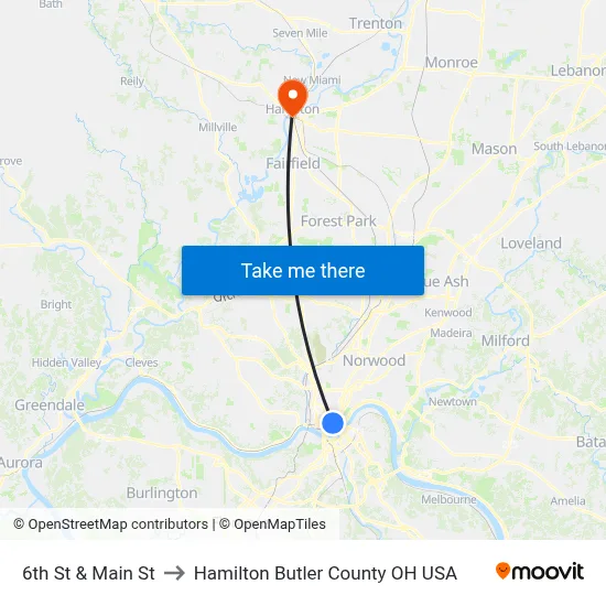 6th St & Main St to Hamilton Butler County OH USA map