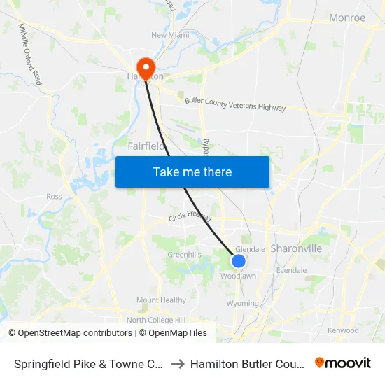 Springfield Pike & Towne Commons Way to Hamilton Butler County OH USA map
