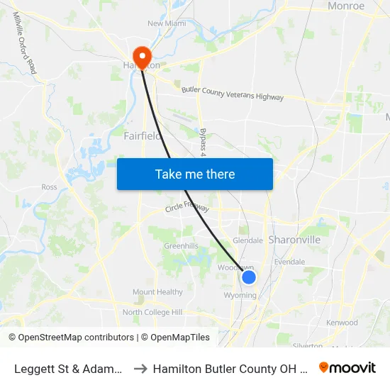 Leggett St & Adams St to Hamilton Butler County OH USA map