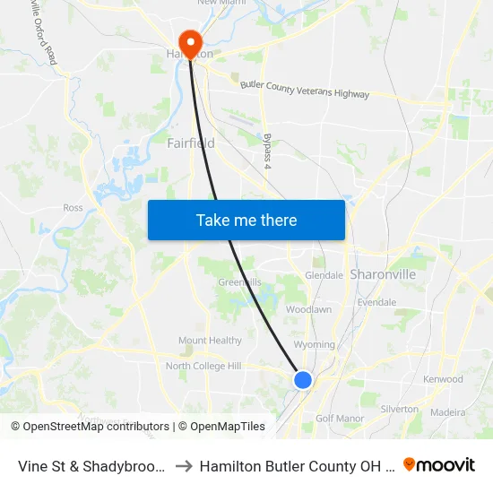 Vine St & Shadybrook Dr to Hamilton Butler County OH USA map