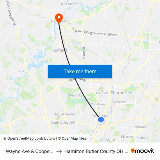 Wayne Ave & Cooper Rd to Hamilton Butler County OH USA map