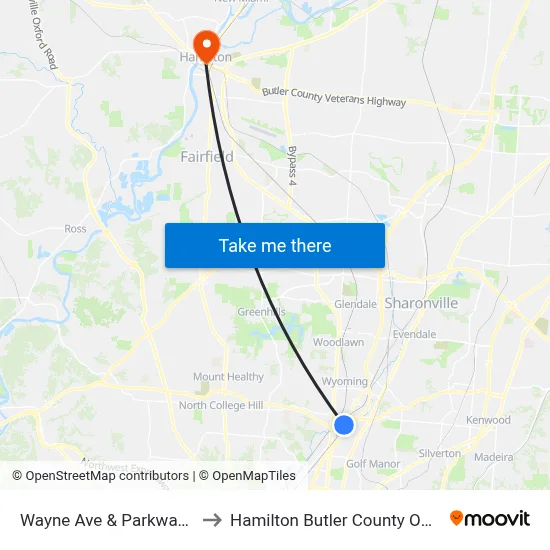 Wayne Ave & Parkway Ave to Hamilton Butler County OH USA map