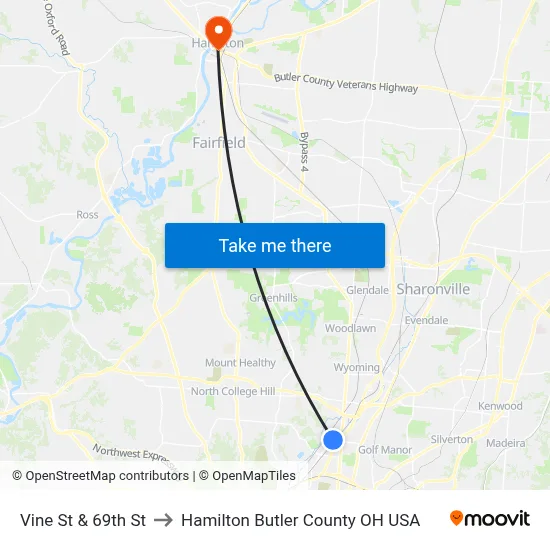 Vine St & 69th St to Hamilton Butler County OH USA map