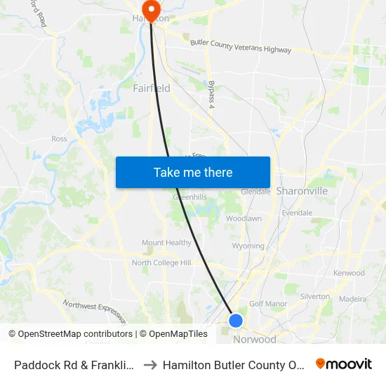 Paddock Rd & Franklin Ave to Hamilton Butler County OH USA map