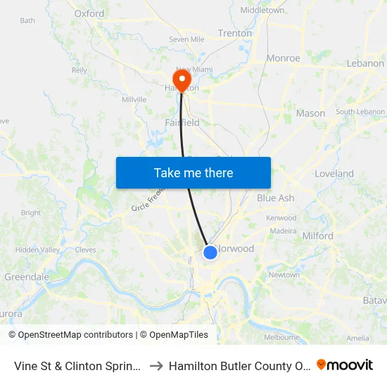 Vine St & Clinton Springs Ave to Hamilton Butler County OH USA map