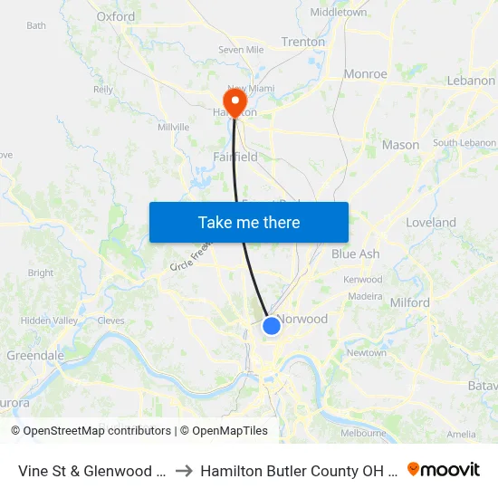 Vine St & Glenwood Ave to Hamilton Butler County OH USA map