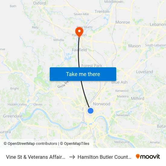 Vine St & Veterans Affairs Hospital to Hamilton Butler County OH USA map