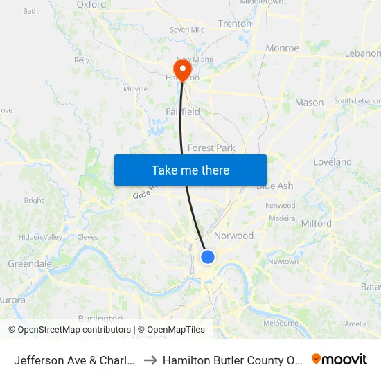 Jefferson Ave & Charlton St to Hamilton Butler County OH USA map