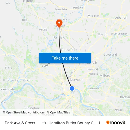 Park Ave & Cross Ln to Hamilton Butler County OH USA map