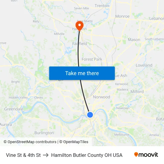 Vine St & 4th St to Hamilton Butler County OH USA map