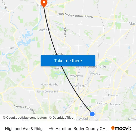 Highland Ave & Ridge Rd to Hamilton Butler County OH USA map