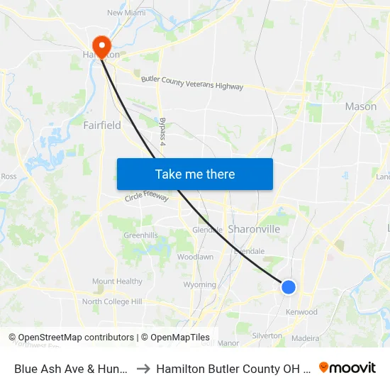 Blue Ash Road & Hunt Road to Hamilton Butler County OH USA map