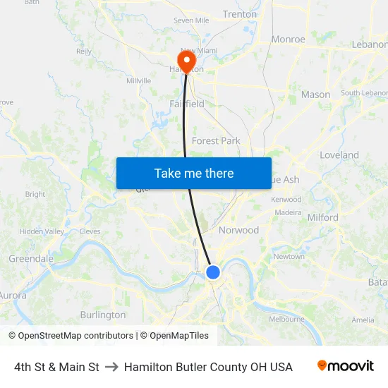 4th St & Main St to Hamilton Butler County OH USA map