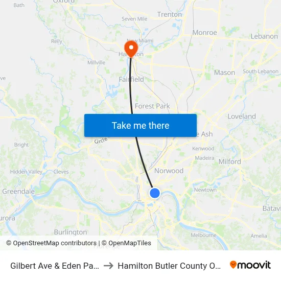 Gilbert Ave & Eden Park Dr to Hamilton Butler County OH USA map