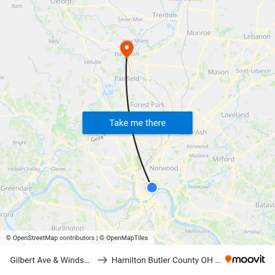 Gilbert Ave & Windsor St to Hamilton Butler County OH USA map