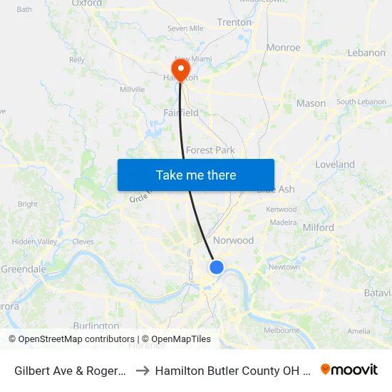 Gilbert Ave & Rogers Pl to Hamilton Butler County OH USA map