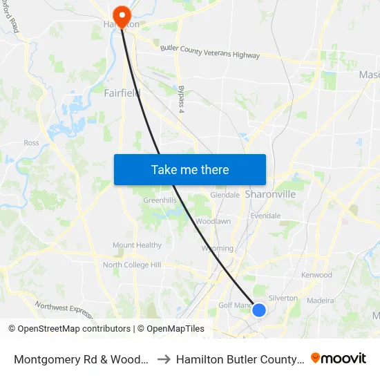 Montgomery Rd & Woodmont Ave to Hamilton Butler County OH USA map