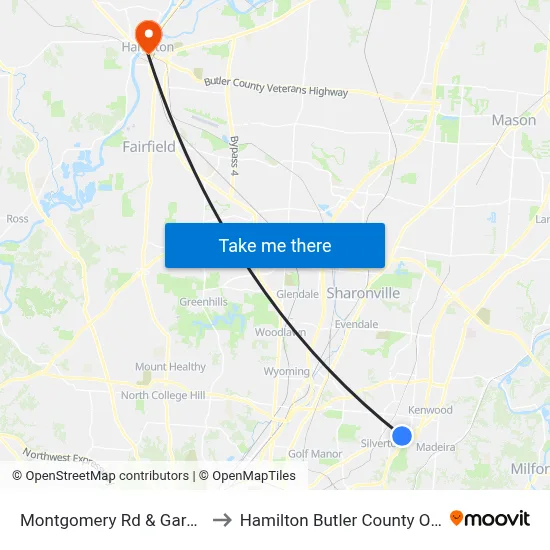 Montgomery Rd & Garden Rd to Hamilton Butler County OH USA map