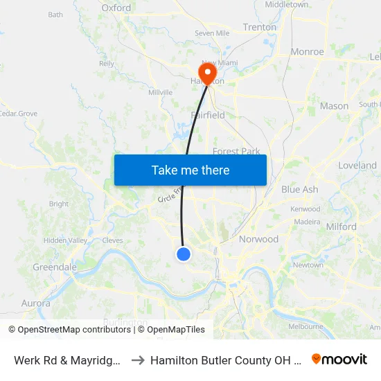 Werk Rd & Mayridge Ct to Hamilton Butler County OH USA map