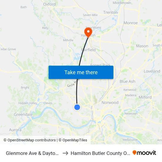 Glenmore Ave & Daytona Ave to Hamilton Butler County OH USA map