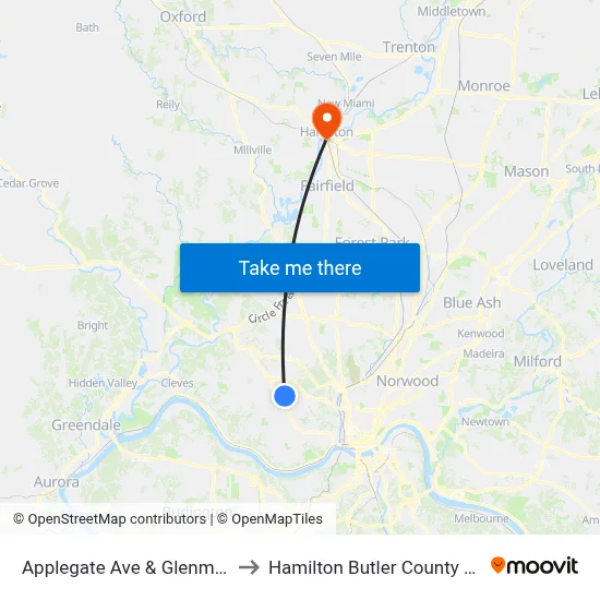 Applegate Ave & Glenmore Ave to Hamilton Butler County OH USA map