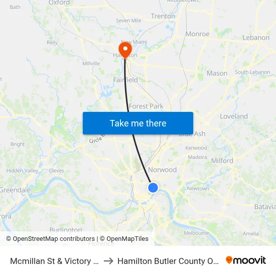 Mcmillan St & Victory Pkwy to Hamilton Butler County OH USA map