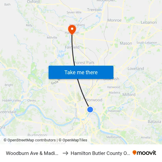 Woodburn Ave & Madison Rd to Hamilton Butler County OH USA map