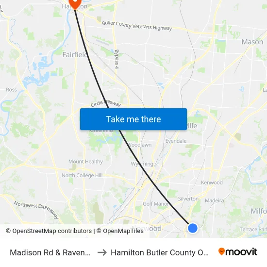 Madison Rd & Ravenna St to Hamilton Butler County OH USA map