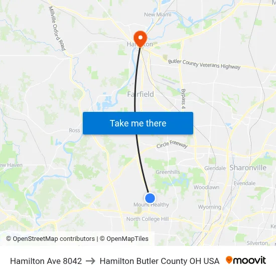 Hamilton Ave 8042 to Hamilton Butler County OH USA map