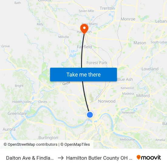 Dalton Ave & Findlay St to Hamilton Butler County OH USA map