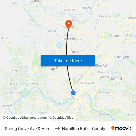 Spring Grove Ave & Harrison Ave to Hamilton Butler County OH USA map