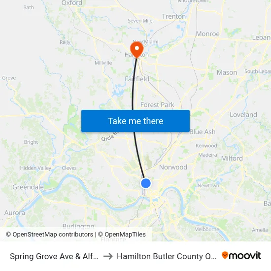 Spring Grove Ave & Alfred St to Hamilton Butler County OH USA map