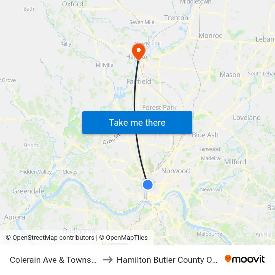 Colerain Ave & Township St to Hamilton Butler County OH USA map