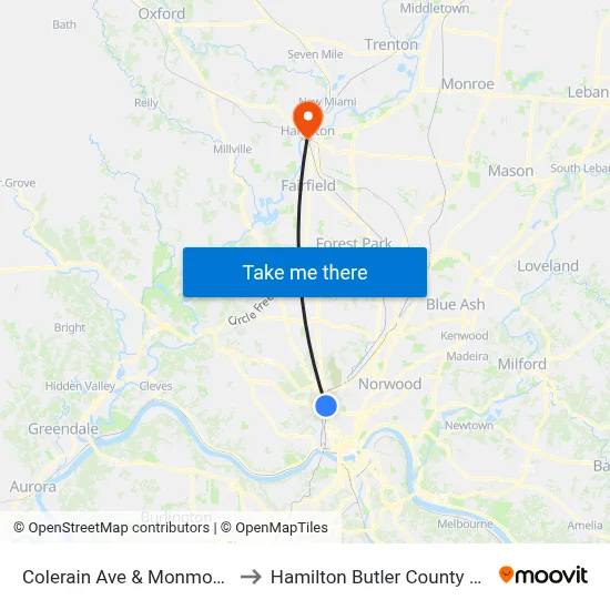 Colerain Ave & Monmouth Ave to Hamilton Butler County OH USA map