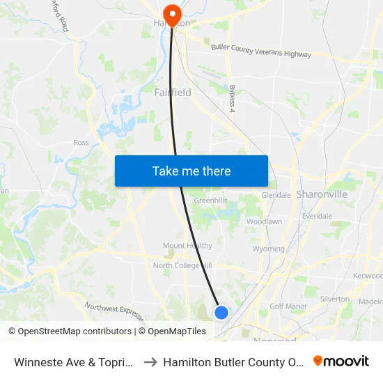 Winneste Ave & Topridge Pl to Hamilton Butler County OH USA map