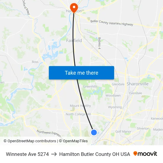 Winneste Ave 5274 to Hamilton Butler County OH USA map