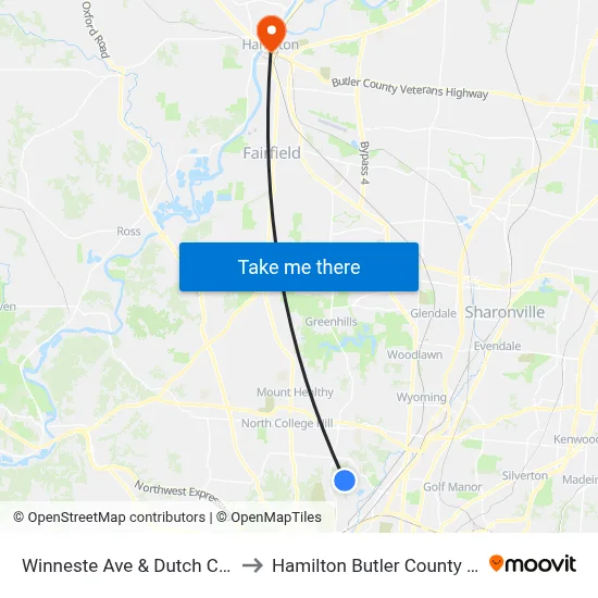 Winneste Ave & Dutch Colony Dr to Hamilton Butler County OH USA map