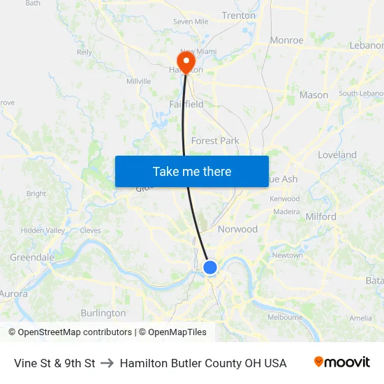Vine St & 9th St to Hamilton Butler County OH USA map